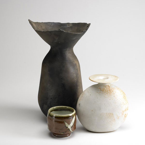 CONTEMPORARY ART POTTERY: CONTEMPORARY ART POTTERY; Three pieces: Isabel Parks circular stoneware vase, Nancy Meeker raku vase and Warren MacKenzie porcelain teacup; Unmarked; Tallest: 15 1/2''
