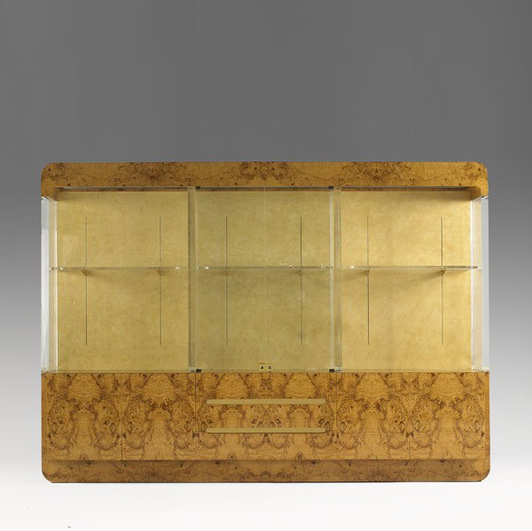 VLADIMIR KAGAN / VLADIMIR KAGAN DESIGN, INC: VLADIMIR KAGAN; VLADIMIR KAGAN DESIGN, INC; Carpathian elm, plexiglass and brass vitrine; Unmarked; 93 1/2'' x 132'' x 20''