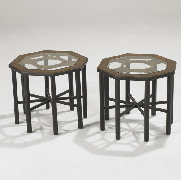 JOHN WIDDICOMB (Attr.): JOHN WIDDICOMB (Attr.); Pair of oil drop and enamel occasional tables; Unmarked; 15 1/2'' x 17'' sq.