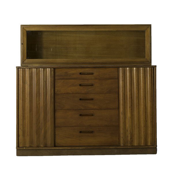 EDWARD WORMLEY: EDWARD WORMLEY; Bleached mahogany, glass and leather cabinet with hutch; Brass label; Overall: 46 1/2'' x 49'' x 20''