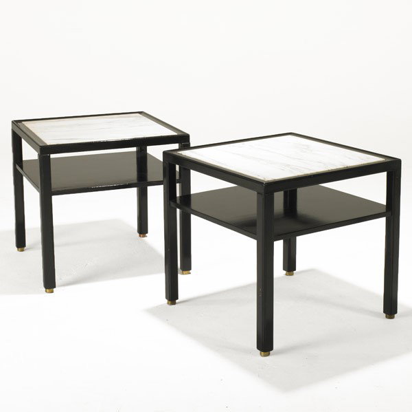 EDWARD WORMLEY / DUNBAR: EDWARD WORMLEY; DUNBAR; Pair of ebonized wood, marble and brass sofa tables; Brass D labels; 24 1/2'' x 25 1/2'' sq.