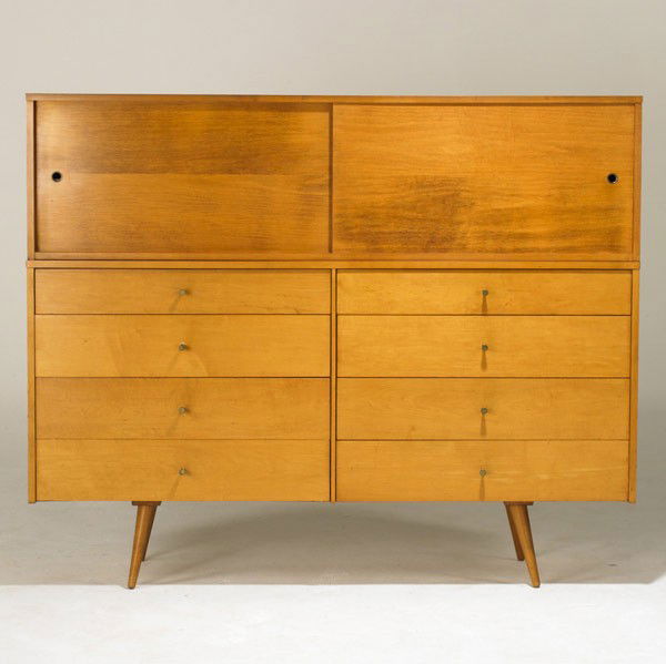 PAUL MCCOBB / PLANNER GROUP: PAUL McCOBB; PLANNER GROUP; Solid birch and brass double dresser and cabinet with two sliding doors; Foil labels; Dresser: 33'' x 60'' x 18 1/2'', cabinet: 16 1/2'' x 60'' x 18 1/4''