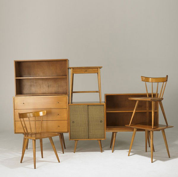 PAUL MCCOBB / PLANNER GROUP: PAUL McCOBB; PLANNER GROUP; Suite of furniture includes two benches, three-drawer dresser, two open bookcases, side table, nightstand and small cabinet; Various pieces with foil labels; Dresser: 24''