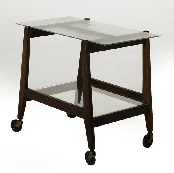 JENS RISOM: JENS RISOM; Teak and glass trolley; Unmarked; 26'' x 30'' x 19''
