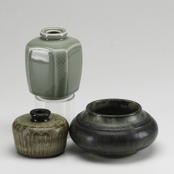 ROYAL COPENHAGEN / GUSTAVSBERG: ROYAL COPENHAGEN; GUSTAVSBERG; Carl Halier low bowl and Hans Henrik Hansen celadon jar for Royal Copenhagen, Liljefors squat bottle for Gustavsberg; Tallest: 5''