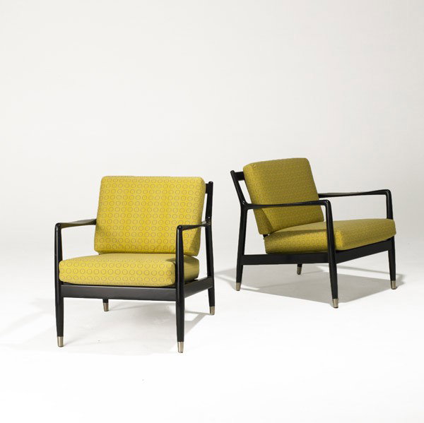 DUX: DUX; Pair of ebonized wood and upholstered lounge chairs, Denmark 1960's; Labels; 28'' x 27'' x 27''
