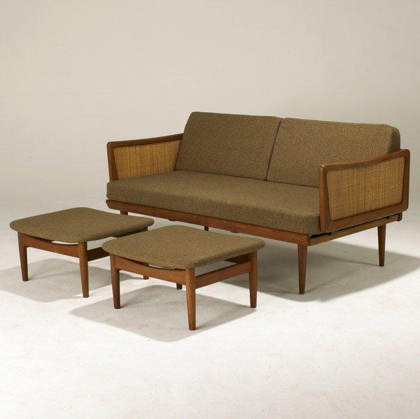 PETER HVIDT & FINN JUHL / FRANCE & SONS: PETER HVIDT & FINN JUHL; FRANCE & SONS; Hvidt teak and wool sofa together with two Finn Juhl ottomans; Metal labels; Sofa: 30'' x 64'' x 31''