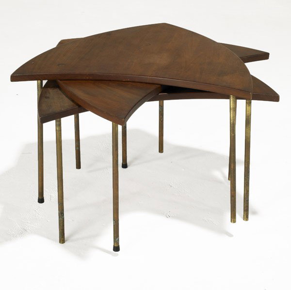 PETER HVIDT / FRANCE & SONS: PETER HVIDT; FRANCE & SONS; Teak and brass three piece segmented tables; Stamped and John Stewart metal labels; 17'' x 26'' x 22'' each