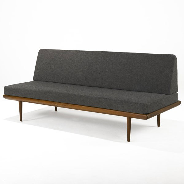 PETER HVIDT: PETER HVIDT; Teak armless sofa with gray wool cushions; 31'' x 74'' x 30''