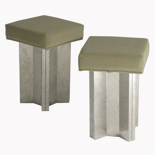 MAISON JANSEN: MAISON JANSEN; Pair of upholstered and brushed steel stools; Unmarked; 18 1/2'' x 12'' sq.