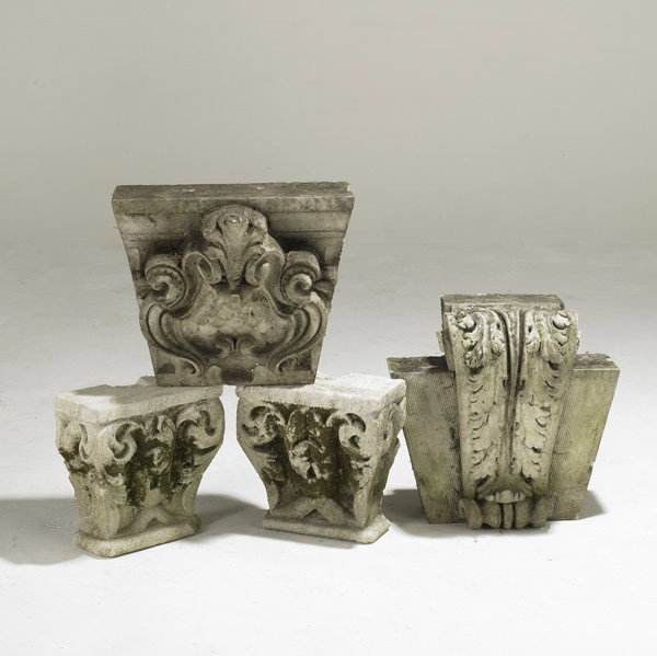 ARCHITECTURAL ELEMENTS: ARCHITECTURAL ELEMENTS; Two capitals and two keystones, unmatched; Largest: 17 1/2'' x 18'' x 10''