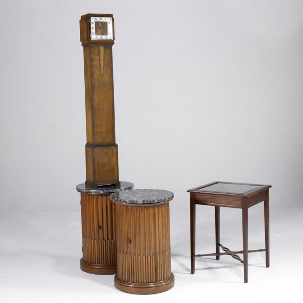 FURNITURE GROUP: FURNITURE GROUP; Four items: two marble top Van Sciver pedestal columnar side tables, Art Deco grandmother's clock and mahogany vitrine top table; Clock: 53'' x 9'' x 8''