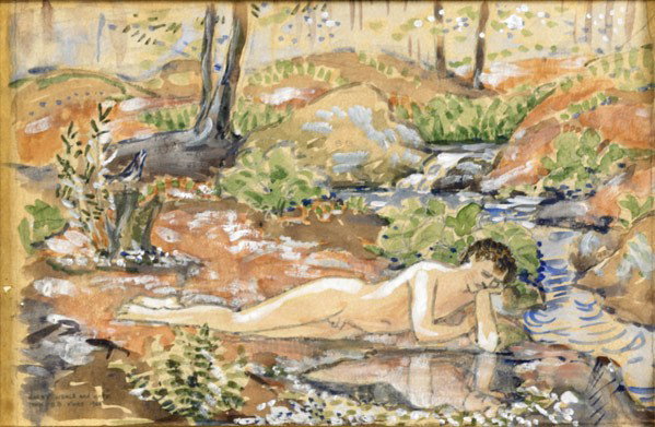 HENRY BRYSON BURROUGHS (American, 1869-1934): HENRY BRYSON BURROUGHS (American, 1869-1934); Watercolor on papyrus, ''Narcissus,'' 1925 (framed); Signed, dated and inscribed ''Henry Wehle and Kate/from B.B. X'mas 1925''; 6 3/4'' x 10 1/4'' (sight)