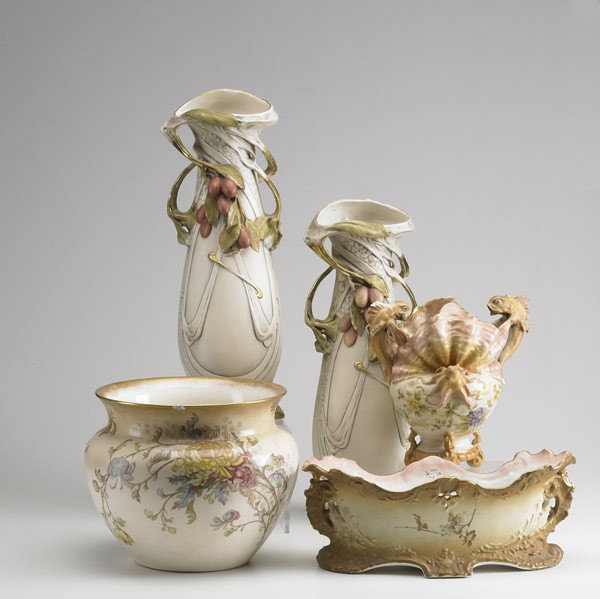 EUROPEAN PORCELAIN: EUROPEAN PORCELAIN; Five pieces; pair of Royal Dux Art Nouveau vases, Turn Vienna compote, Royal Doulton jardiniere, and aquatic motif vase, many condition issues, 19th/20th c.; Tallest:18 1/2''
