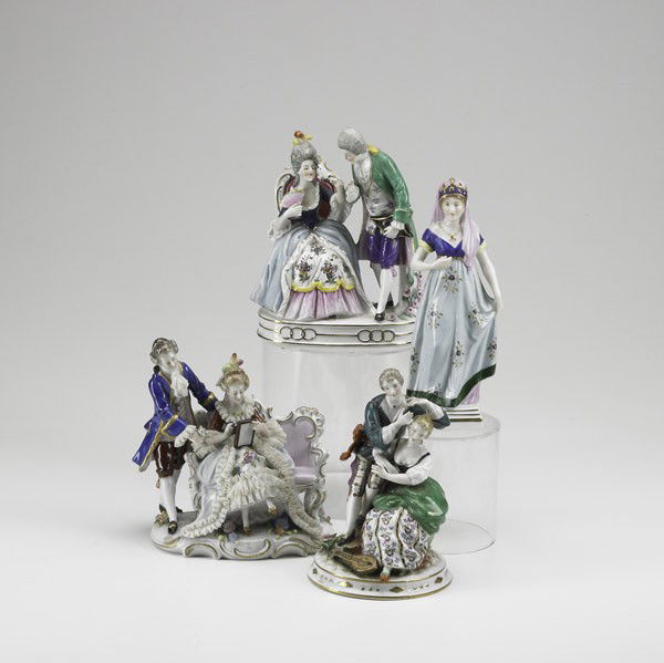 EUROPEAN PORCELAIN: EUROPEAN PORCELAIN; Four pieces: Capodimonte princess, German Victorian couple, classic Victorian court couple and outdoor serenade, 20th c.; Unmarked; Tallest 8 1/2''