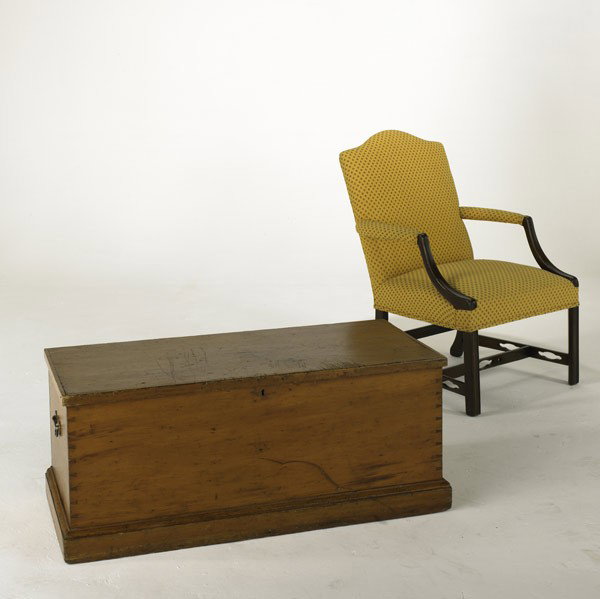 TRUMAN BLISS: TRUMAN BLISS; White pine blanket box, ca. 1850 together with Martha Washington style armchair, 20th c.; 18'' x 43'' x 19 1/4''