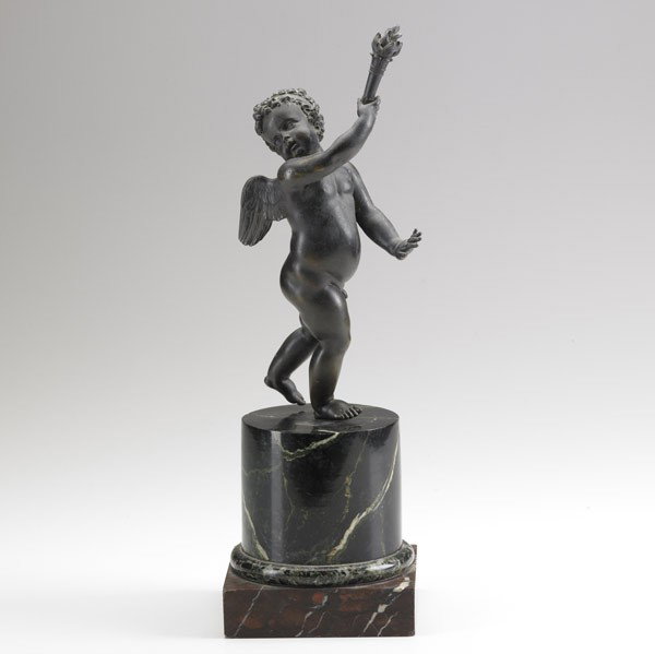 BRONZE STATUE: BRONZE STATUE; Bronze cherub with a torch mounted on marble base, 19th/20th c.; 4 1/2'' x 15'' x 4 1/2''
