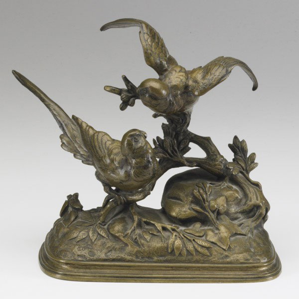 FERDINAND PAUTROT (French, 1832-1874): FERDINAND PAUTROT (French, 1832-1874); Bronze statue of two exotic birds in a wooded landscape, 19th c.; Signed Pautrot; 7'' x 7'' x 3 1/2''