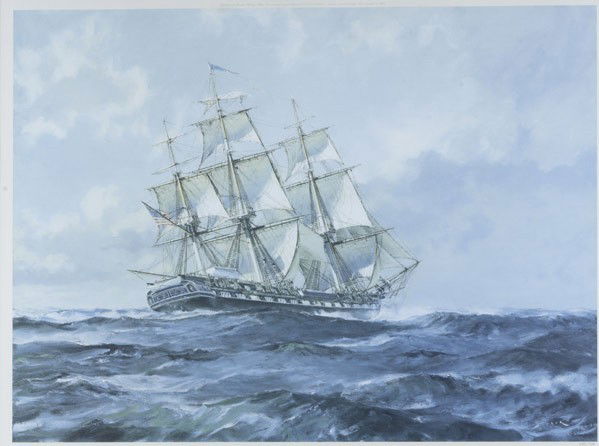 JOHN STOBART (American 20th c.): JOHN STOBART (American 20th c.); Off-set lithograph, ''U.S.S. Constitution'', (framed); Signed and numbered, edition of 750; 24'' x 30''