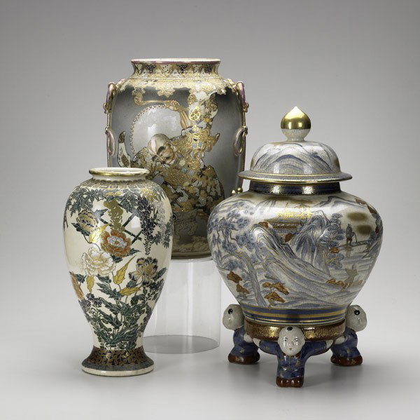 SATSUMA: SATSUMA; Three vases, one with cover and stand, Japan, early 20th c.; Tallest: 16''
