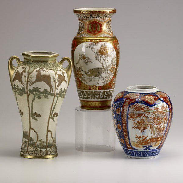 ASIAN PORCELAIN: ASIAN PORCELAIN; Three pieces: Satsuma vase, Imari ginger jar and Royal Nippon Art Nouveau style vase, 19th/20th c; Tallest: 12''