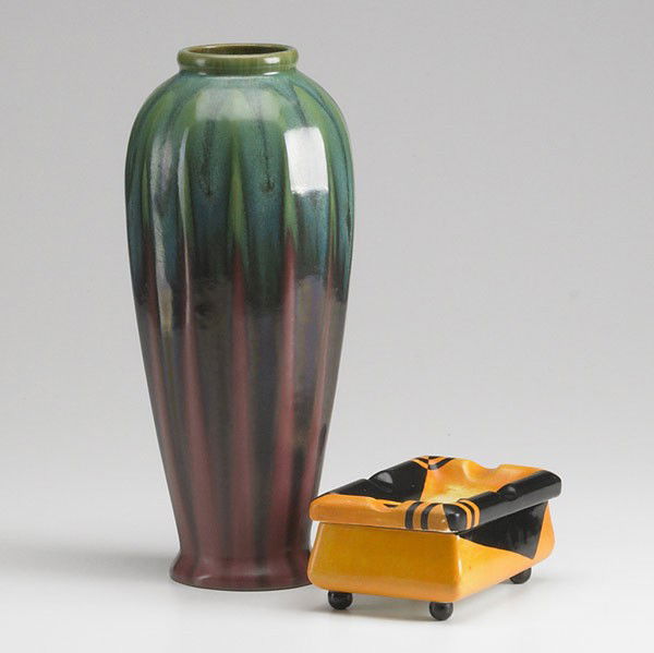 FULPER: FULPER; Two pieces: faceted lamp base together with a geometric design cigarette box, 20th c.; Box marked; Taller: 13 1/4''