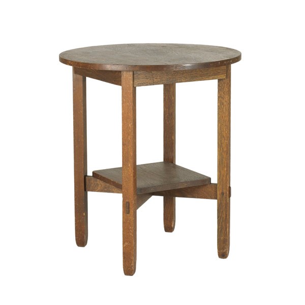 STICKLEY BROS.: STICKLEY BROS.; Circular lamp table with clip corner lower shelf; Quaint metal tag; 30'' x 26'' dia.