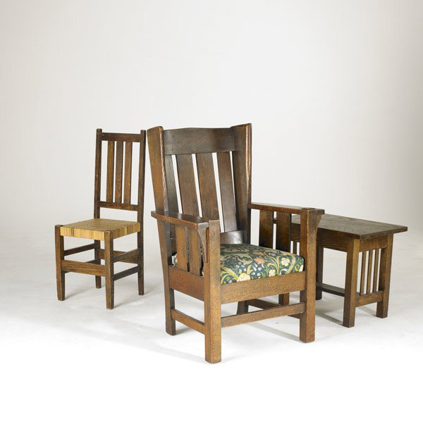 ARTS & CRAFTS FURNITURE: ARTS & CRAFTS FURNITURE; Three pieces: wingback armchair, side chair with three vertical slats and spindled side table; Wingchair: 42'' x 30'' x 25''
