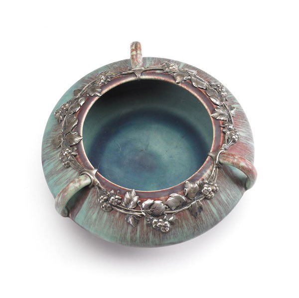 CHARLES GREBER (Attr.): CHARLES GREBER (Attr.); Ceramic low bowl with applied silver grape and cable, ca. 1915; Signed illegibly; 7'' x 3''