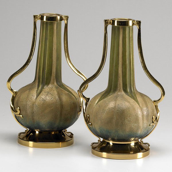 AMPHORA: AMPHORA; Pair of floriform vases with gold-tone metal mountings, 20th c.; Marked; 6'' x 7 1/2'' x 11 3/4''