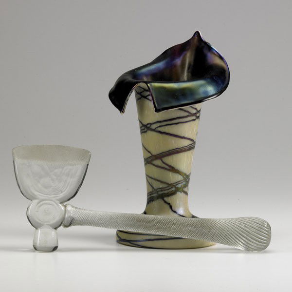 ART GLASS: ART GLASS; Style of Loetz iridescent jack in the pulpit vase together with a blown glass axe, 20th c.; Taller: 8 1/2''
