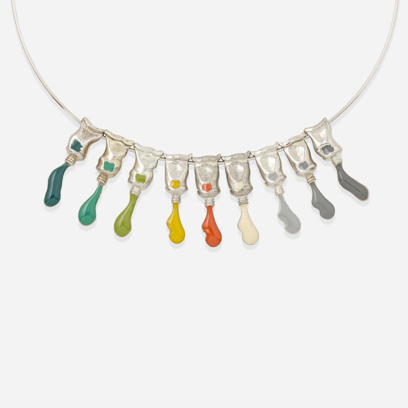 Arman, 'Paint Tube' necklace: Arman 'Paint Tube' necklace The nine colored enamel paint tubes, suspended from a collar necklace; 2001 Stainless steel, silver-plated brass Signed Arman Inner circ. 17 in; Gross weight 28.4 dwts