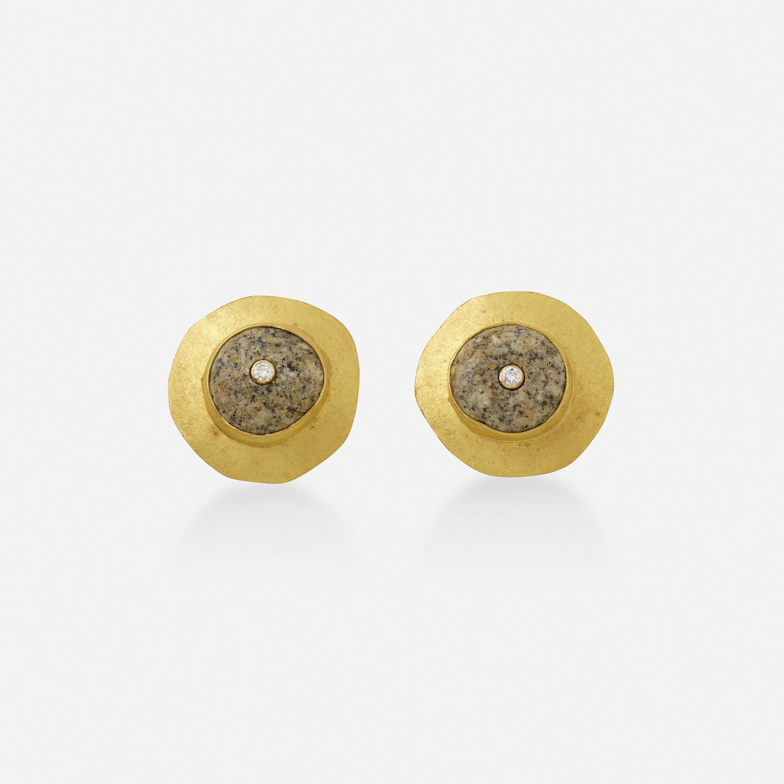 Sam Shaw, Granite, diamond, and gold disk earrings: Sam Shaw Granite, diamond, and gold disk earrings Each hammered gold disk, set with a tumbled granite and a round brilliant-cut diamond 22k yellow gold Signed S.A. Shaw 0.75 in; Gross weight 6.8 dw