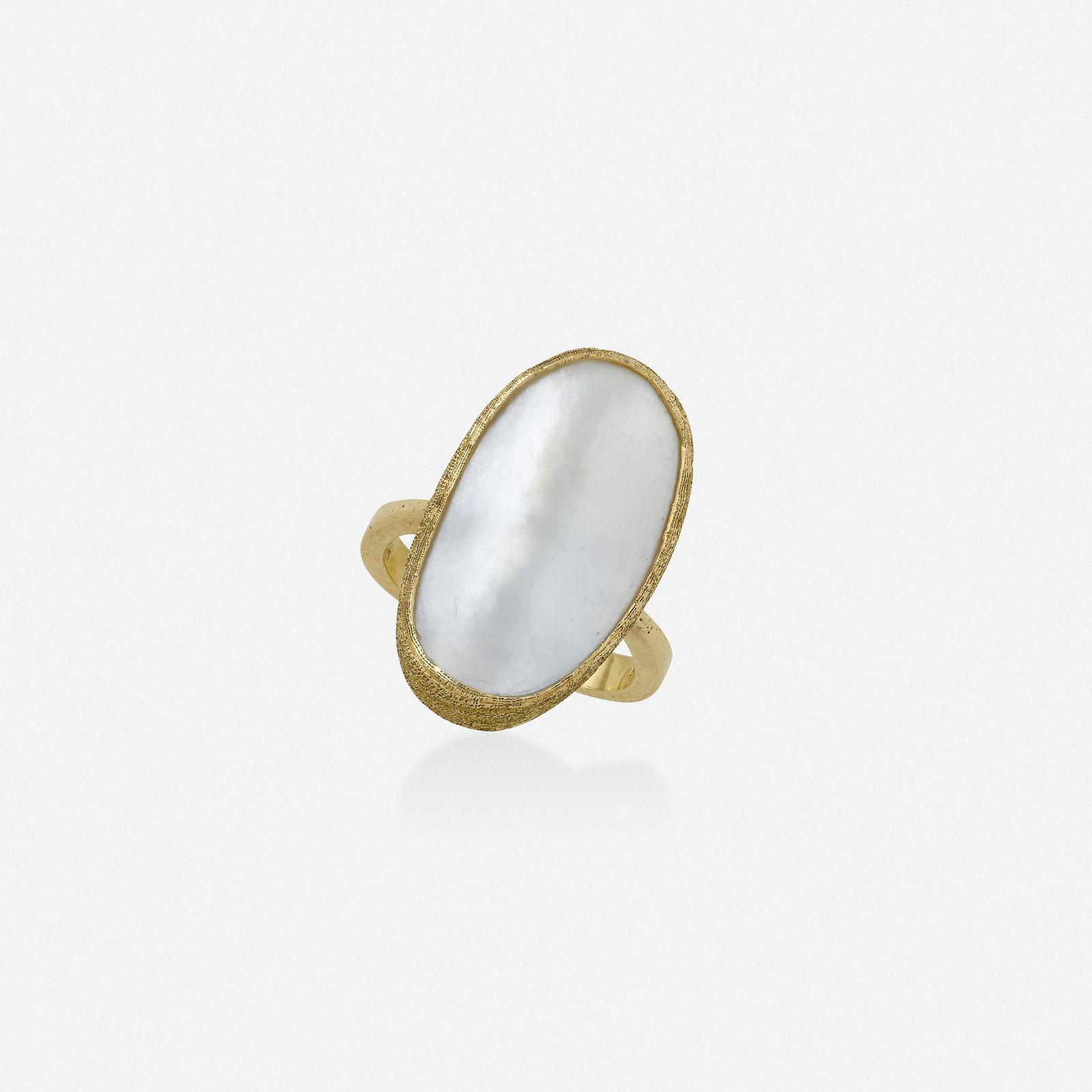 Andrew Grima, Mother-of-pearl and gold ring: Andrew Grima Mother-of-pearl and gold ring The current lot is signed Grima, has United Kingdom hallmarks, and is marked HJ Co. HJ Co. was the maker's mark for Andrew Grima's father-in-law's jewelry wo