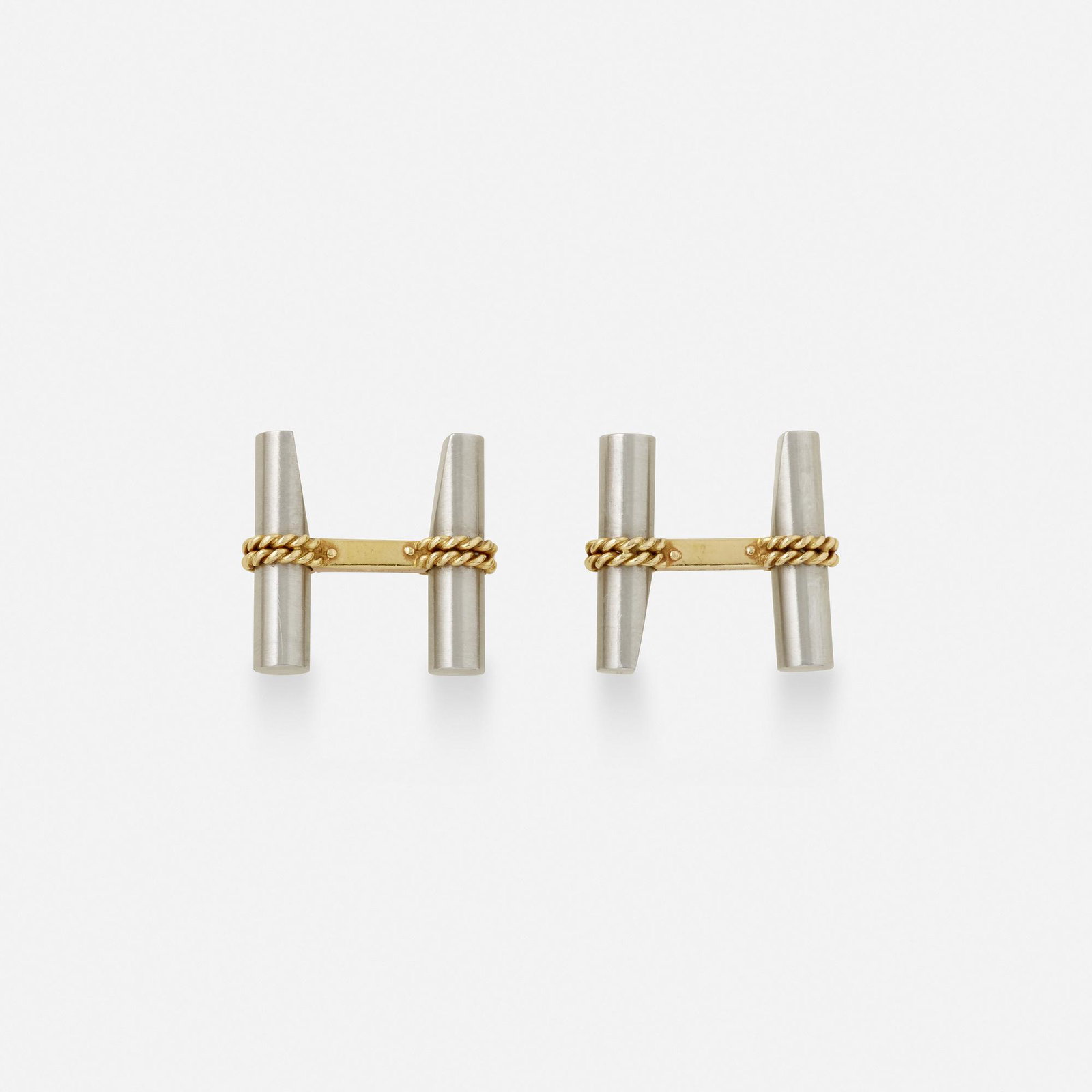 Van Cleef & Arpels, Gold and steel bar cufflinks: Van Cleef & Arpels Gold and steel bar cufflinks Each of roped gold and steel bars 18k yellow gold and steel Signed VCA, numbered 0.75 x 0.75 in; Gross weight 11.6 dwts