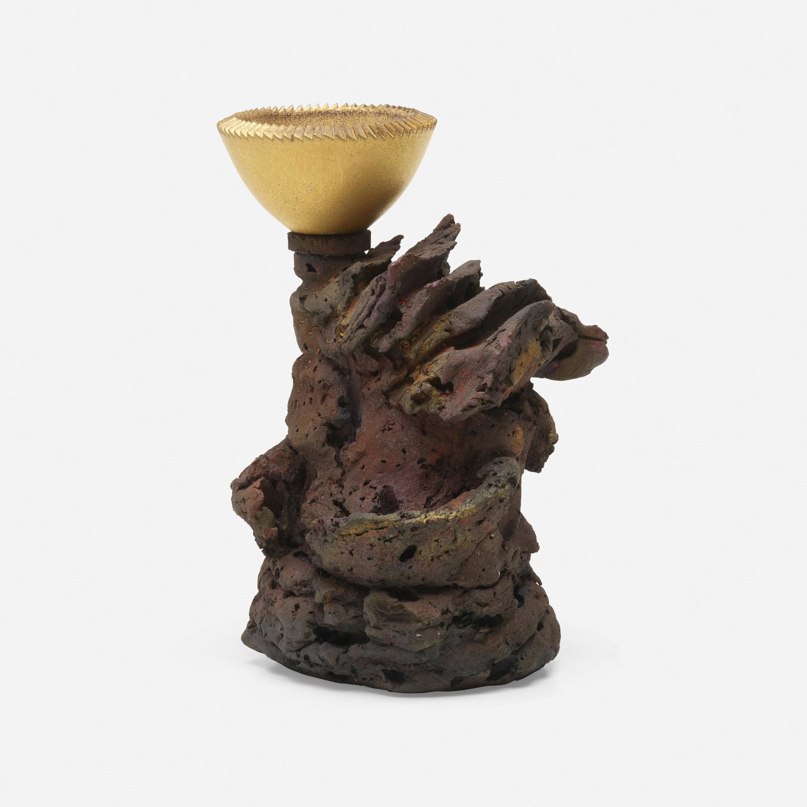 Adrian Saxe, Mortar Bowl with Stand: Adrian Saxe Mortar Bowl with Stand USA, c. 1990raku-fired stoneware, gilt porcelain 8 h × 5.5 w × 5 d in (20 × 14 × 13 cm) Impressed and incised signature to underside