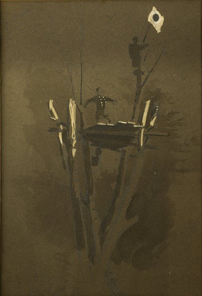 Winslow Homer (American, 1836-1910) Signal Corps n: Winslow Homer (American, 1836-1910) Signal Corps near Yorktown, 1862; Ink and graphite on paper (framed); Signed and titled; 9 1/2'' x 6 3/8'' (sight); Provenance: The artist; Charles and Edith Eddy; 