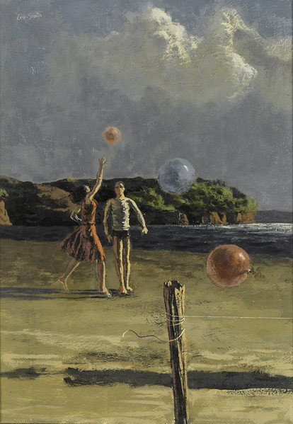 Hughie Lee-Smith (American, 1915-1999) Untitled: Hughie Lee-Smith (American, 1915-1999) Untitled (Couple Playing with Balloons); Oil on Masonite (framed); Signed; 20 1/4'' x 14 1/4''; Provenance: Private Collection