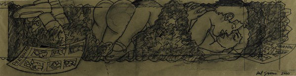 Red Grooms (American, b. 1937) Untitled (Study for: Red Grooms (American, b. 1937) Untitled (Study for Shelly's Restaurant Mural, New York), 2000; Ink on cut brown paper (framed); Signed and dated; 13 1/4'' x 50 5/8'' (sight); Provenance: Private Colle