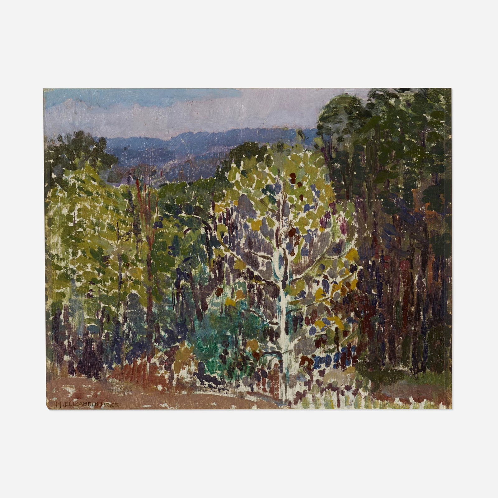Mary Elizabeth Price, Little White Tree: Mary Elizabeth Price Little White Tree oil on board 8 h × 10 w in (20 × 25 cm) Signed to lower left 'M. Elizabeth Price'. Signed, titled and inscribed to verso 'Little White Tree M. Eliz