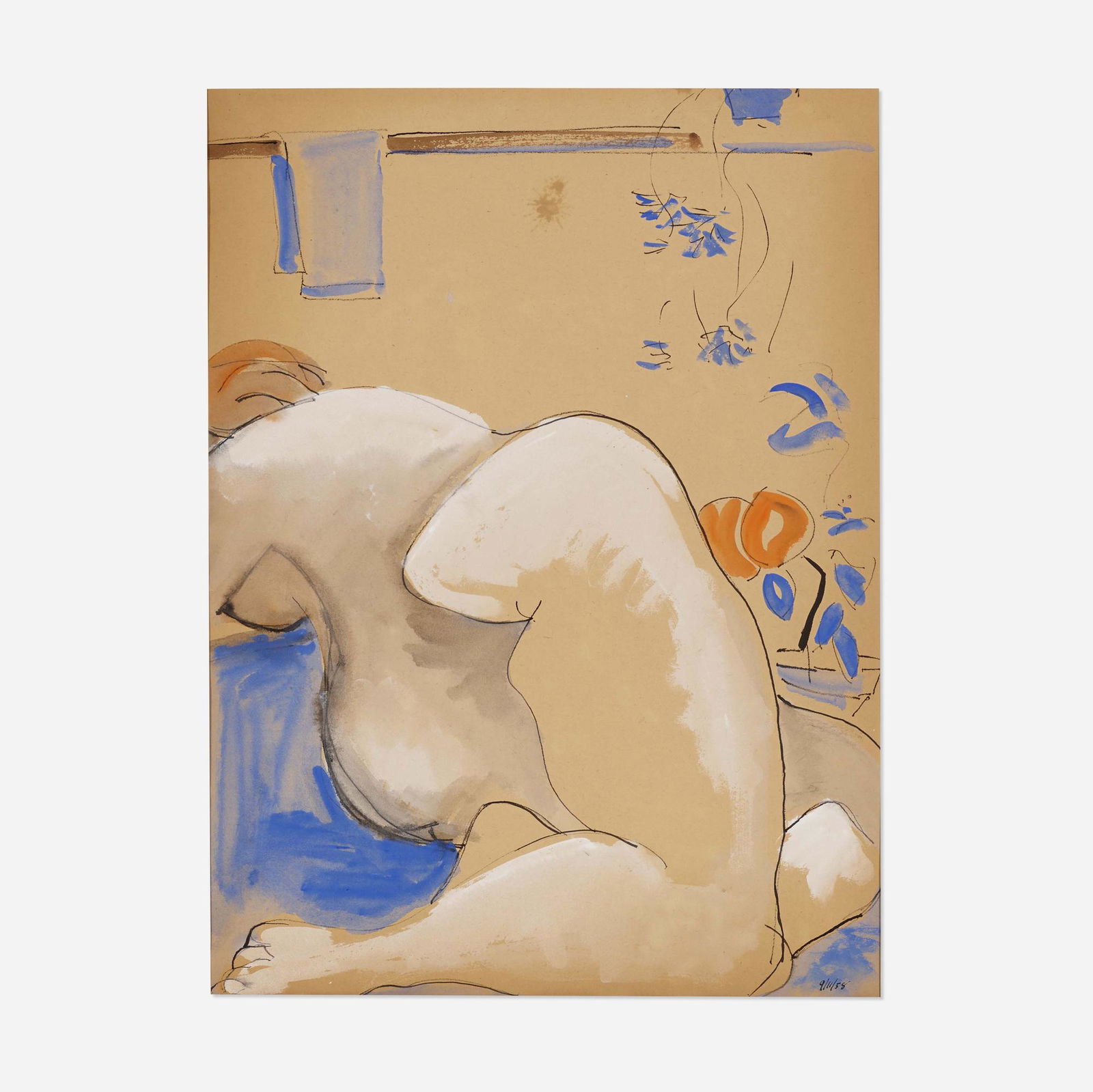 David Hare, Reclining Nude: David Hare Reclining Nude 1958gouache and ink on paper sight: 23.25 h × 17.25 w in (59 × 44 cm) Dated to lower right '9/11/58'. This work will ship from Rago in