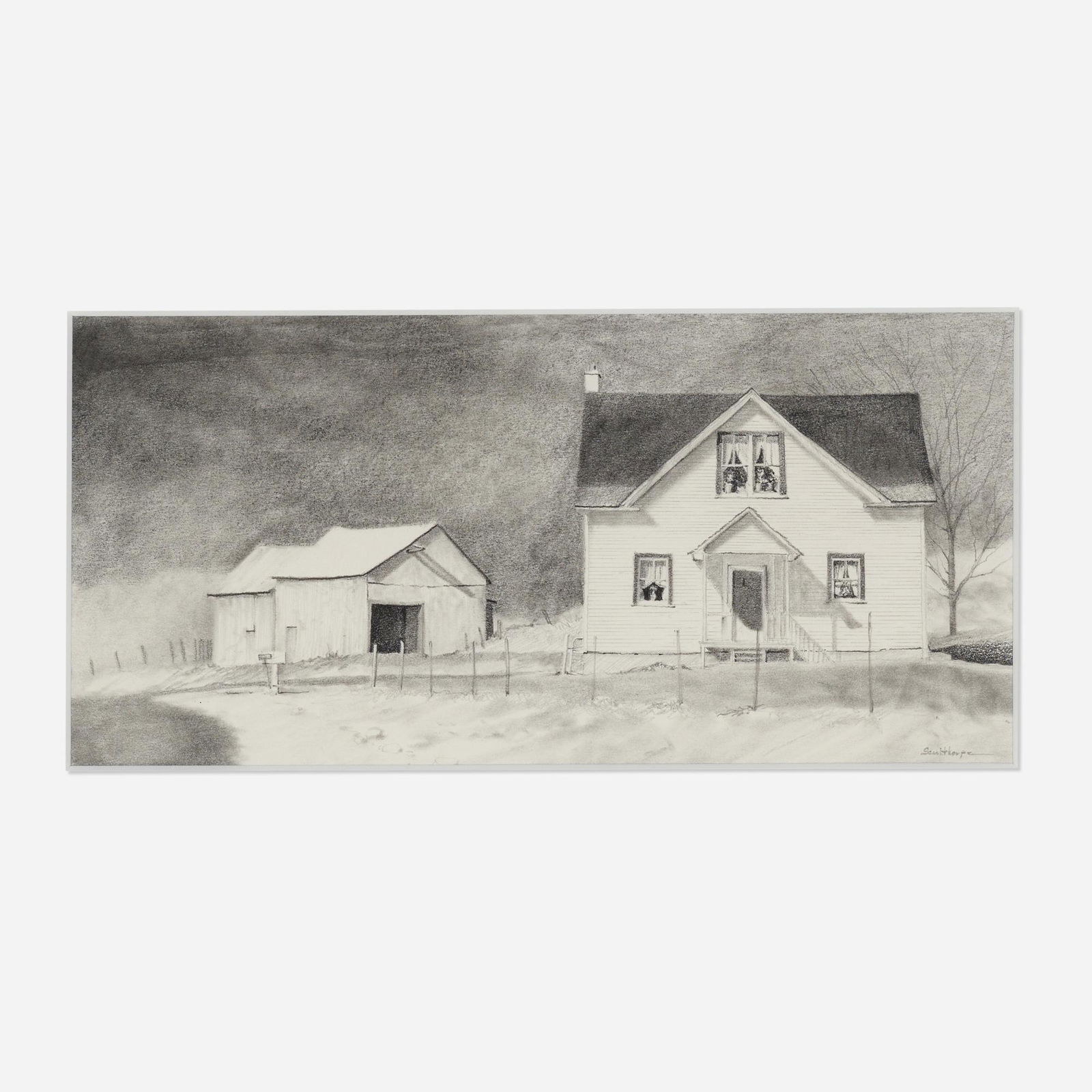 Peter Sculthorpe, Old Farmhouse: Peter Sculthorpe Old Farmhouse graphite on paper sight: 4.75 h × 10 w in (12 × 25 cm) Signed to lower right 'Sculthorpe'. This work will ship from Rago in Lambertvill