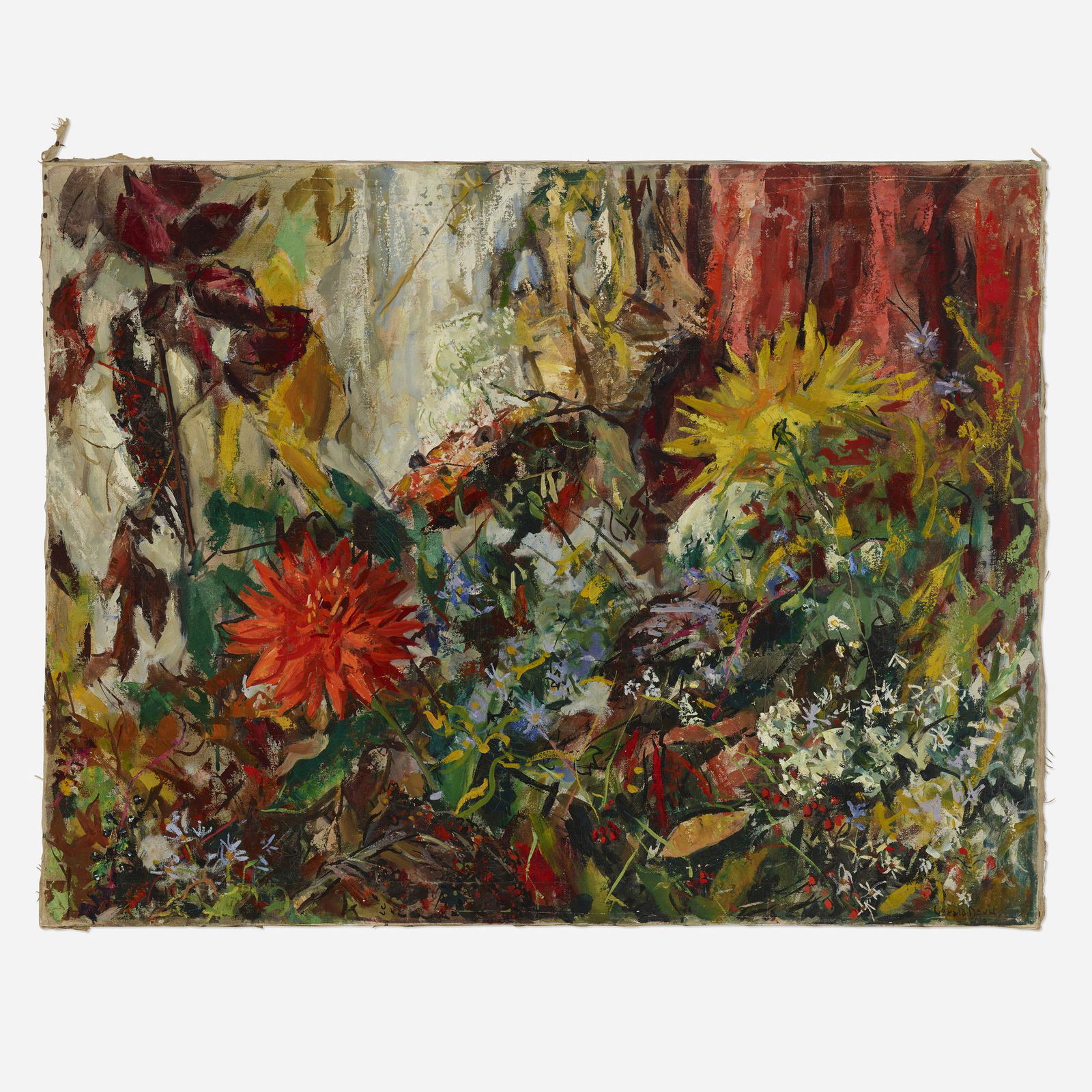 Gerald Vivian Davis, Dahlias: Gerald Vivian Davis Dahlias oil on canvas 39.5 h × 30.5 w in (100 × 77 cm) Signed to verso 'Gerald Davis'. This work will ship from Rago in Lambertville, New Jersey.<
