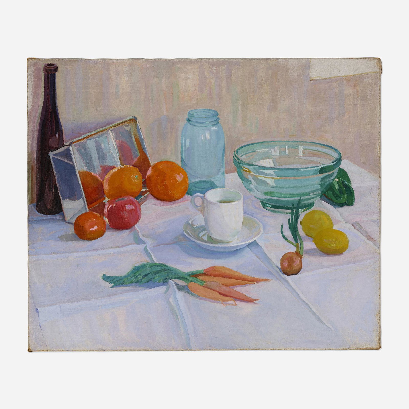 Mildred Bunting Miller, Still Life: Mildred Bunting Miller Still Life with Fruit and Vegetables oil on canvas 25 h × 30 w in (63 × 76 cm) Estate stamp to verso. This work will ship from Rago in Lambertv