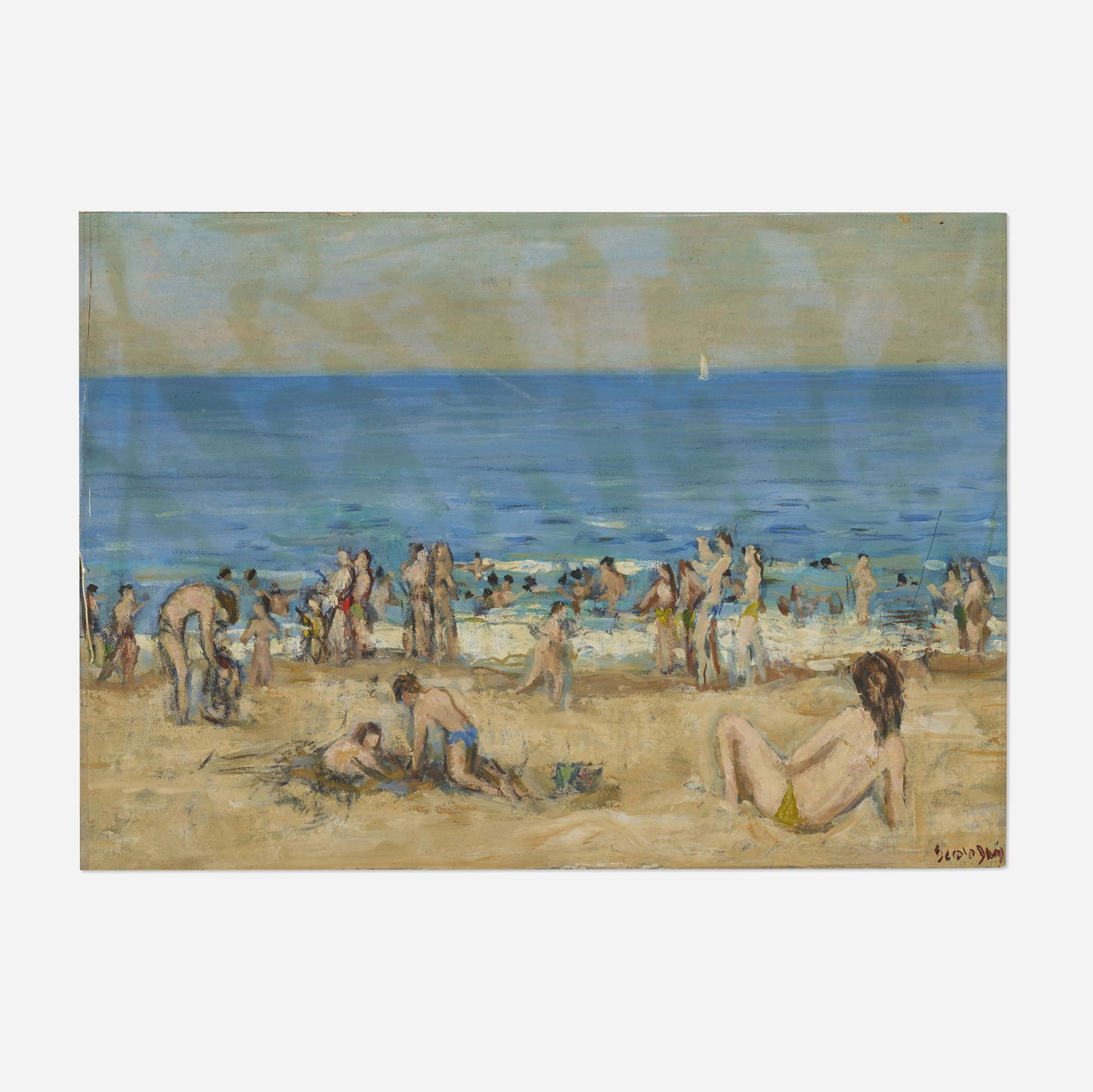 Gerald Vivian Davis, Beach Scene: Gerald Vivian Davis Beach Scene oil on canvas laid to board sight: 14.5 h × 20.5 w in (37 × 52 cm) Signed to lower right 'Gerald Davis'. This work will ship from Rago