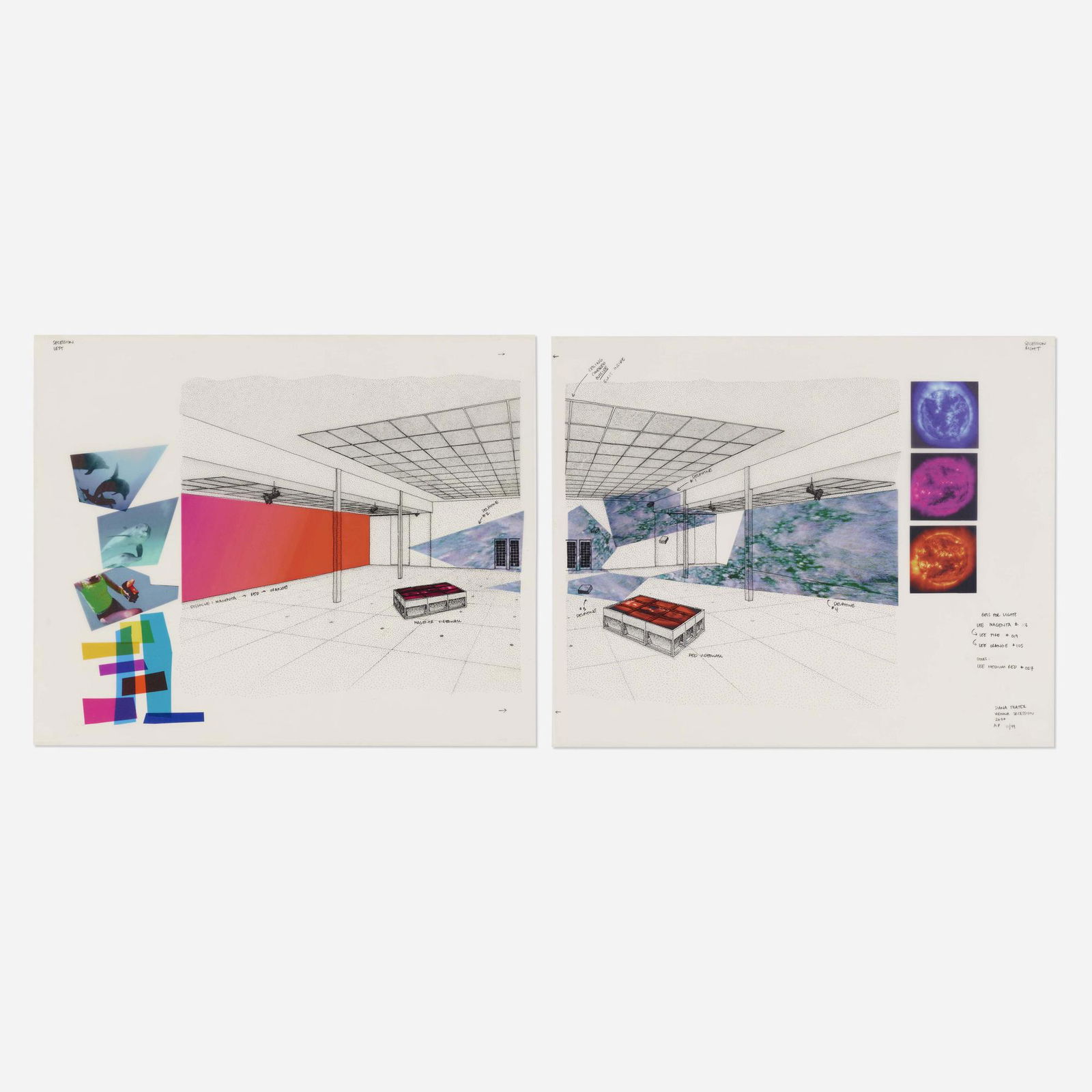 Diana Thater, Secession: Diana Thater Secession 2000ink and Pantone on Mylar (diptych) 18 h × 44.5 w in (46 × 113 cm) This work is related to Thater's 1999 installation, Delphine, first shown at the