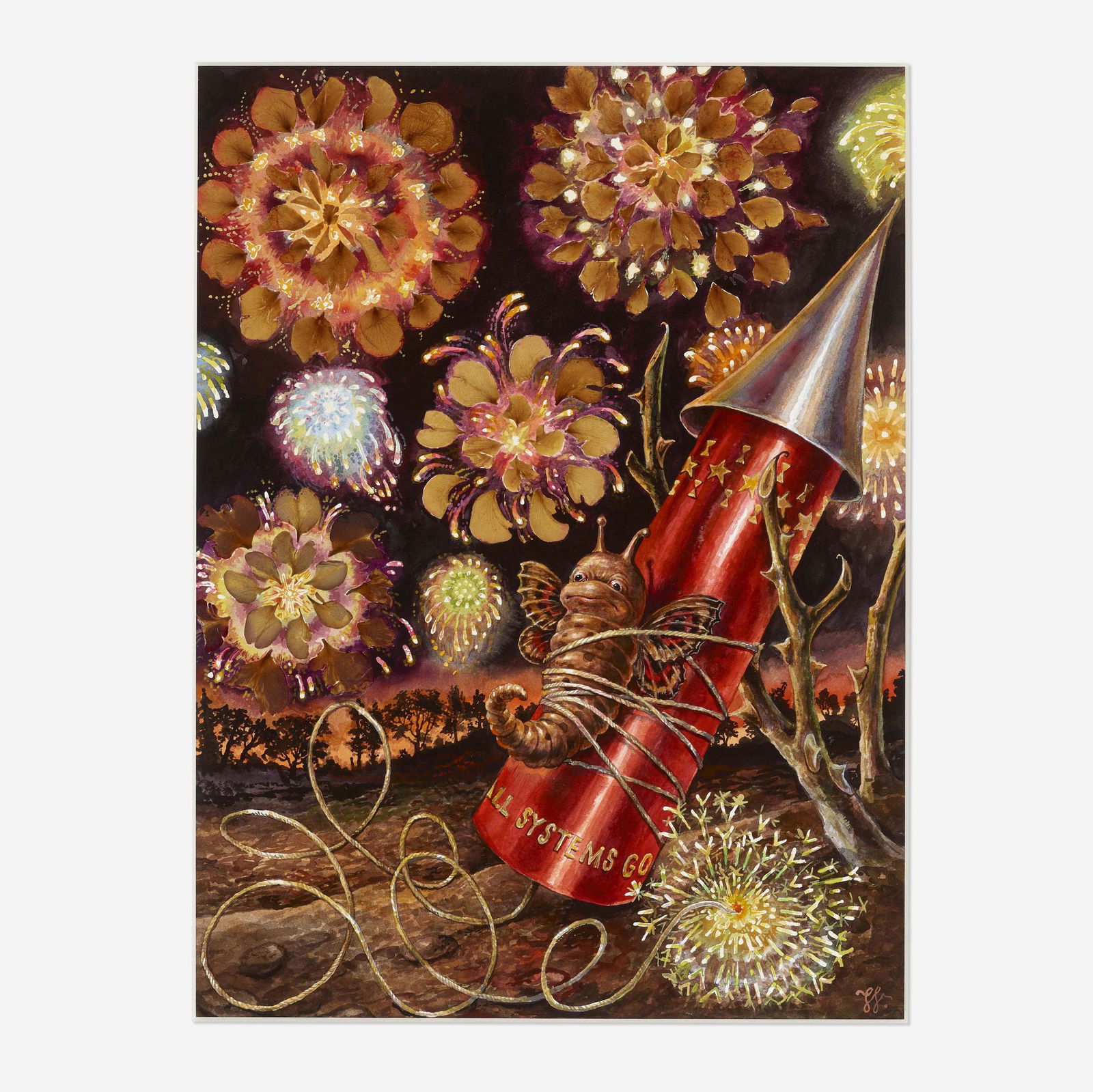 Thomas Woodruff, Blast Off: Thomas Woodruff Blast Off 1999watercolor and rose petals on paper 23.5 h × 17.375 w in (60 × 44 cm) Signed to lower right 'TW'. Provenance: P.P.O.W., New Yo