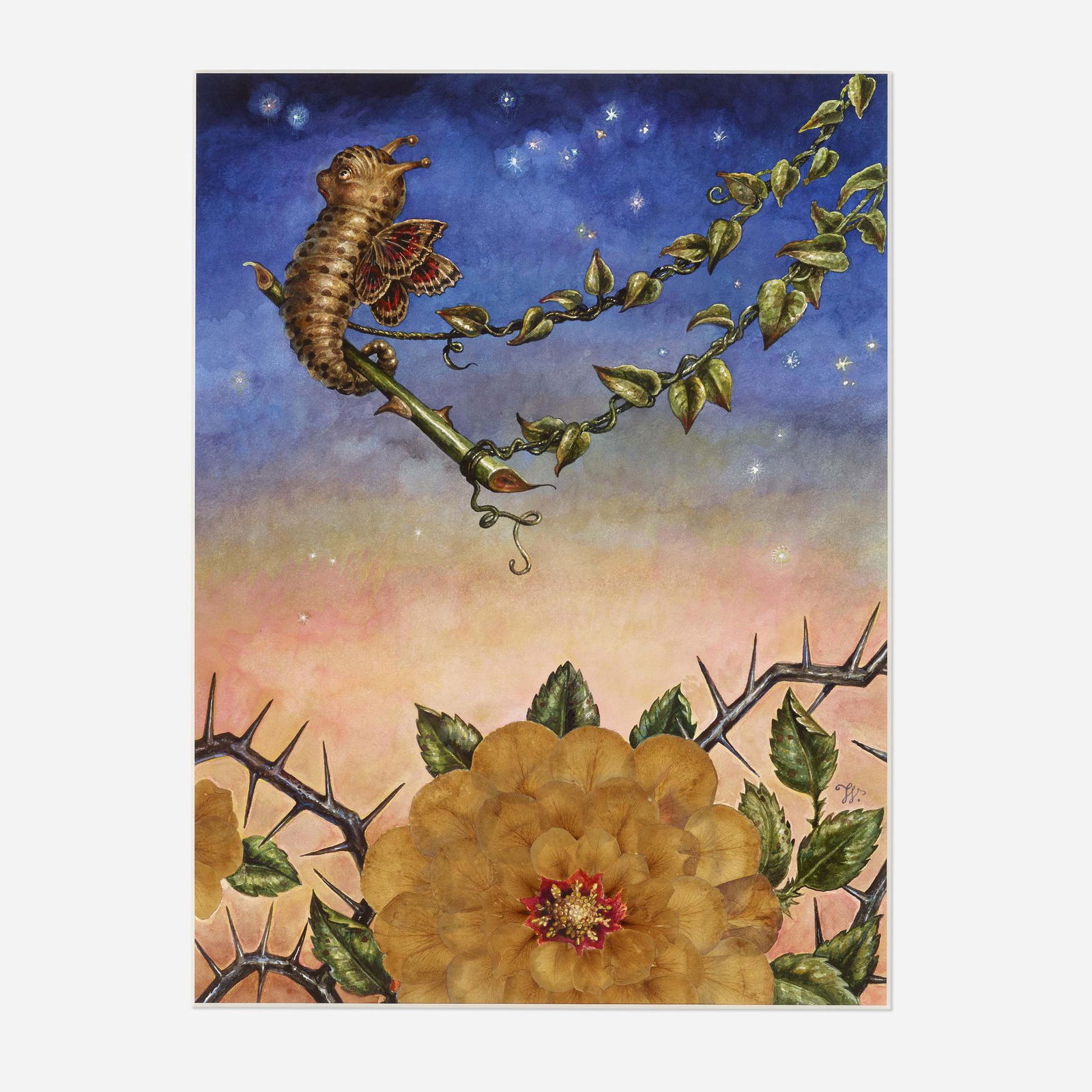 Thomas Woodruff, Swing: Thomas Woodruff Swing 1999watercolor and rose petals on paper sight: 23.375 h × 17.375 w in (59 × 44 cm) Signed to right edge 'TW'. Provenance: P.P.O.W., Ne