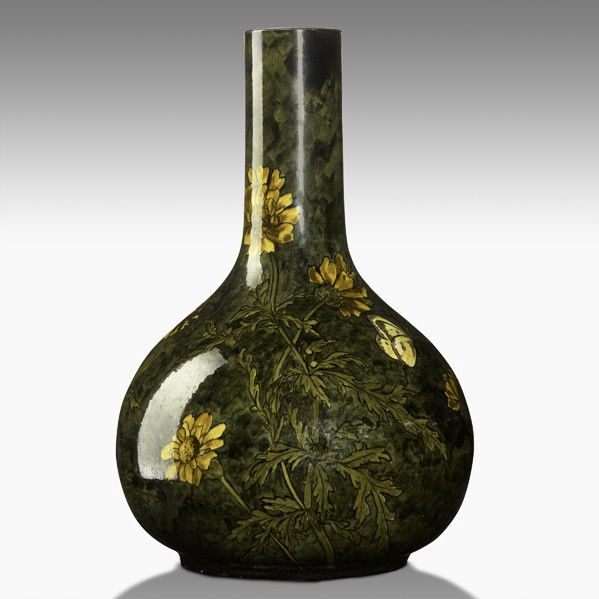 JOHN BENNETT; Bottle-shaped vase: JOHN BENNETT; Bottle-shaped vase, marigolds and butterflies, 1878; Signed and dated; 11'' x 7 1/2''