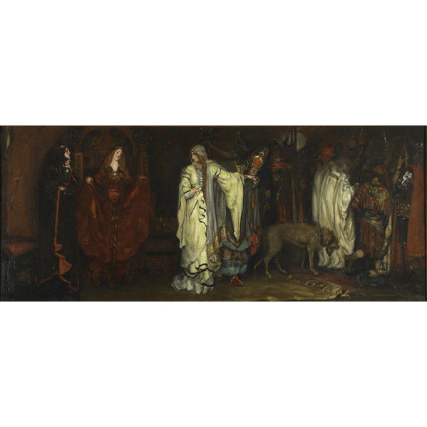 PRE-RAPHAELITE OIL ON CANVAS, 19TH.C.: AFTER EDWIN AUSTIN ABBEY; Oil on canvas, ''King Lear, Act I, Scene I,'' (framed), European, 19th c.; Unsigned; 23'' x 56''